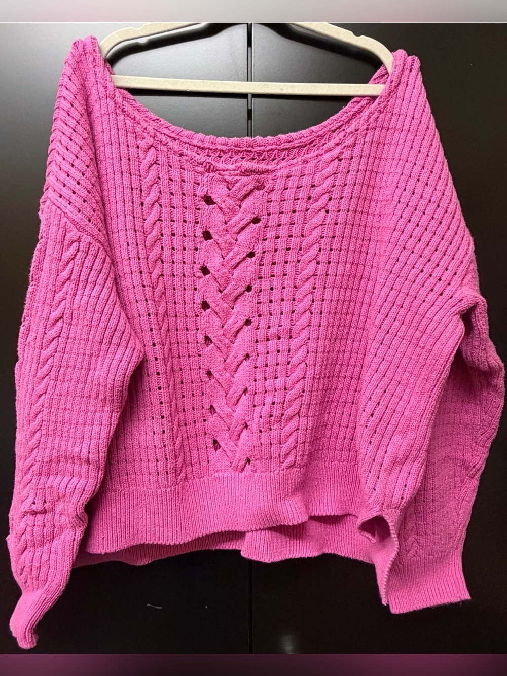 Off-the-Shoulder Cable Knit Sweater in Hot Pink